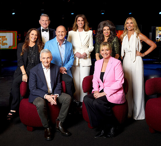 7NEWS Spotlight Presents 70 Years of 7 (50) Front Bruce McAvaney and Johanna Griggs Back (l-r) Georgie Parker, Host Michael Usher, Larry Emdur, Natalie Barr, Effie and Sonia Kruger