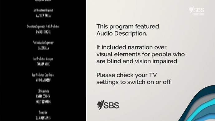 SBS-TV - Over-Credits Viewer Advisory, Audio Described Programming for the Visually Impaired (16.6.2020)