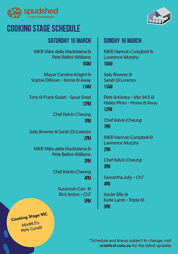 Spud Shed Cooking Stage Schedule