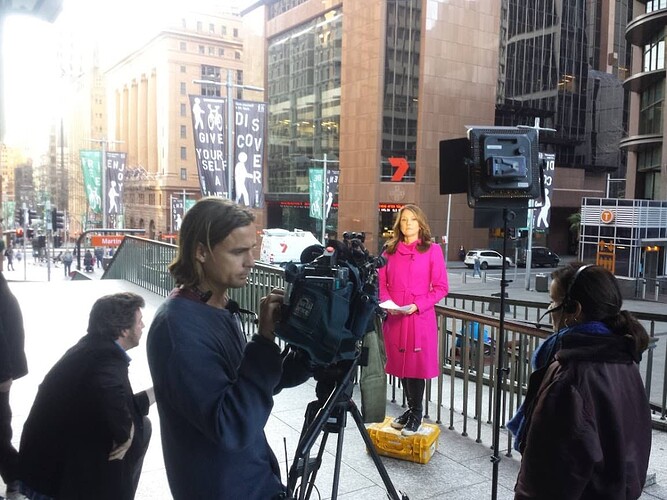 Chris Bath outside Seven Martin Place in 2015 following a control room fire that forced the station to be evacuated and news presented for both Sydney and Melbourne from the latter
