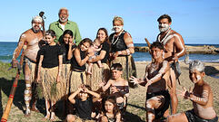 clarke-webb-and-troy-robinson-show-off-a-dance-with-a-group-of-gumbaynggirr-children-for-ernie-in-coffs-harbour-nsw