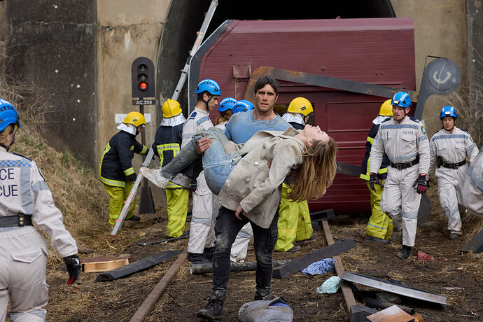 EP 8637 Tane (E.BROWNE) emerges from the tunnel carrying an unconscious Jo (M.BROWN) HAA_0709