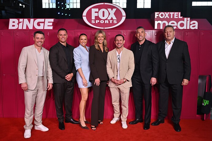 2026_UPFRONT_FOXTELMEDIA_Photo_00149_Cooper Cronk, Jake Duke, Eloise Sohier, Lara Pitt, Matty Johns, Braith Anasta and Steve Roach